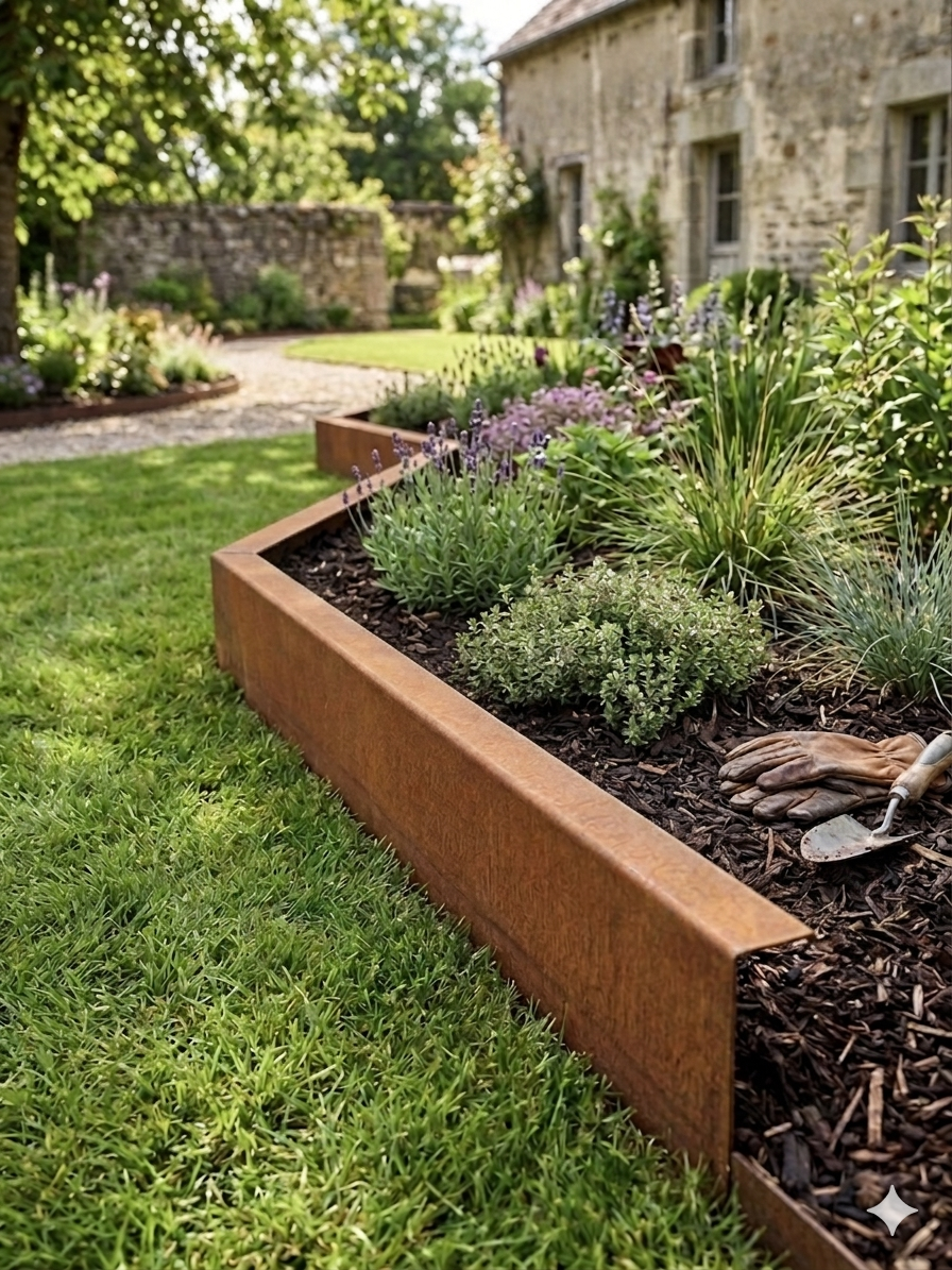 Bordure de jardin en acier Corten fabriquée par ATELIER Brut à Awans