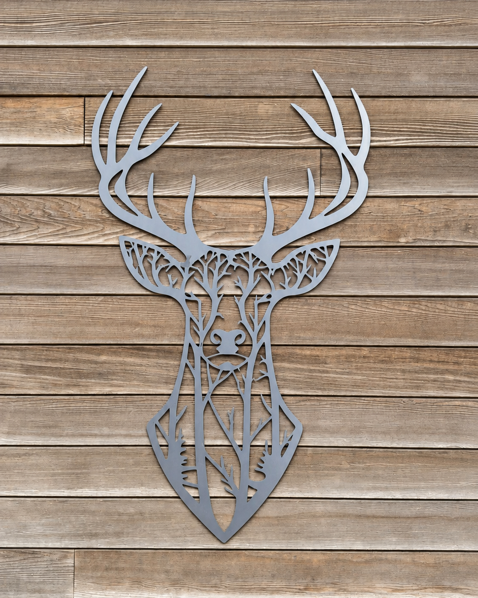 Cerf mural en acier Corten brut 120 x 80 cm présenté sur bardage bois