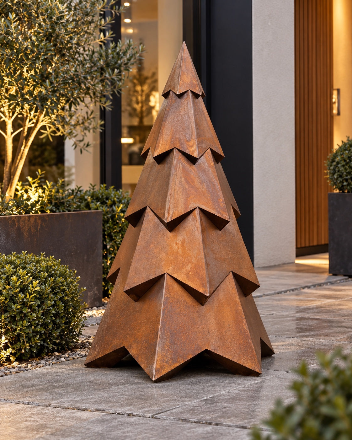 Sapin polygonal ATELIER Brut — rendu de patine du projet en Corten véritable